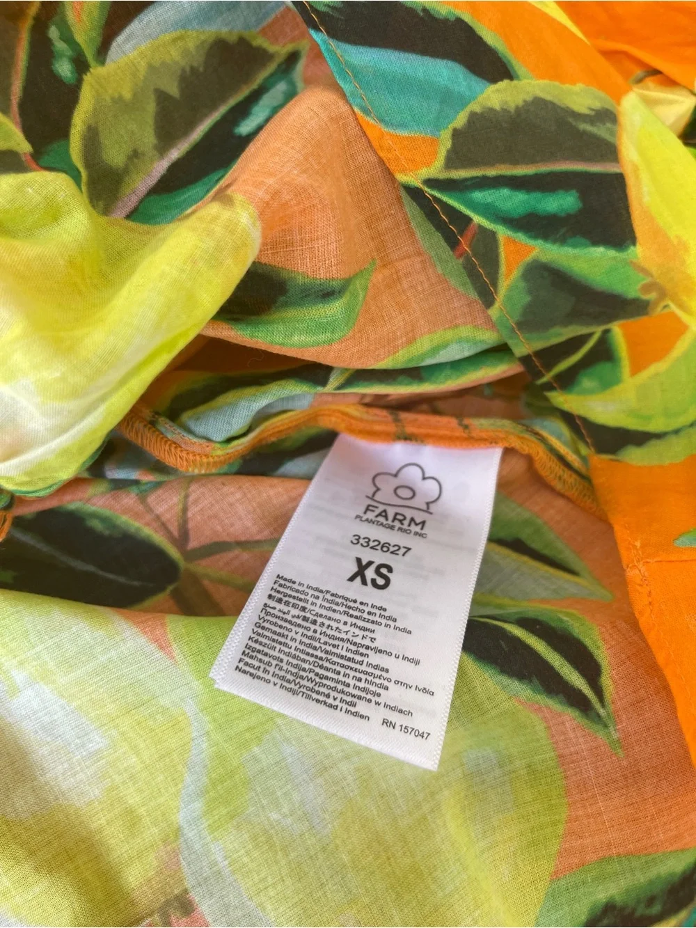Farm Rio Orange Lemon‑Print Puff Sleeve Top - Size XS